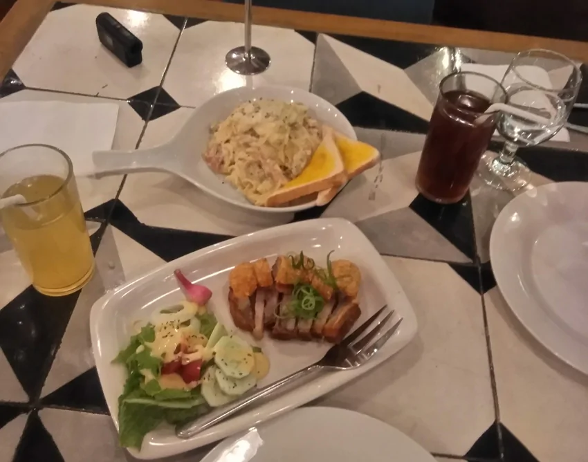 Alfredo Pork Loin pasta and Bagnet Salad - Tara-On Restaurant