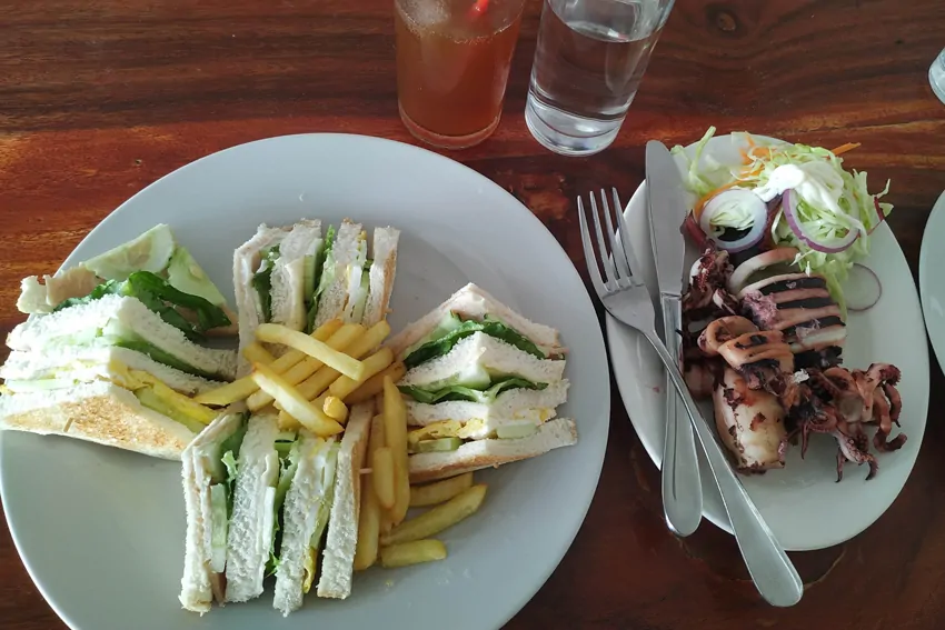Palm Grove Saud Holiday Complex Restaurant - Club House sandwich with Fries and grilled Squid