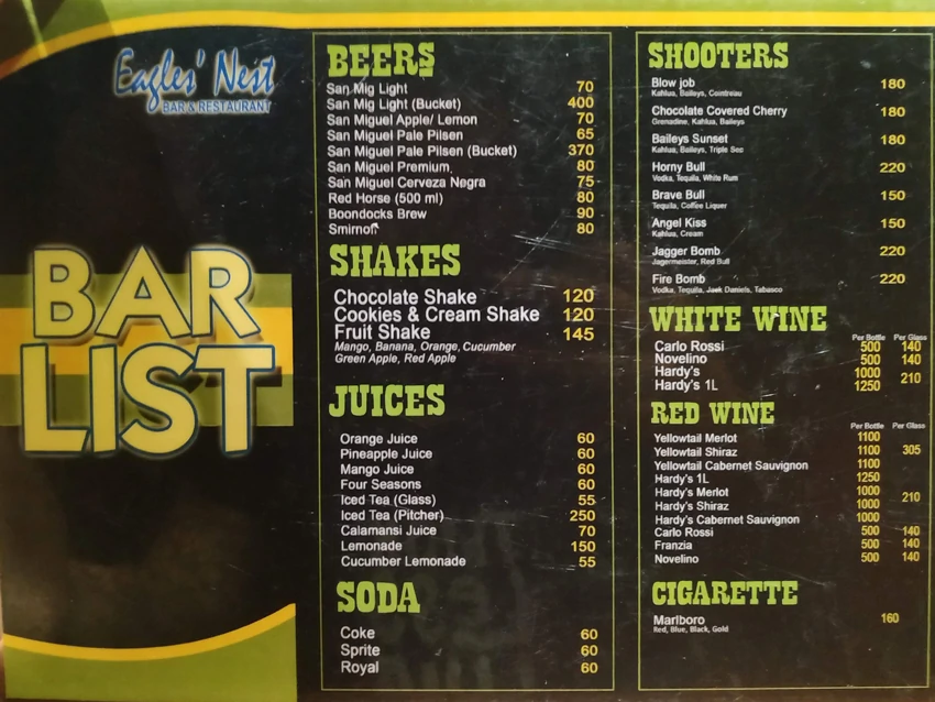 Eagles' nest bar menu with beers, juices, shooters and wines at Java Hotel in Laoag
