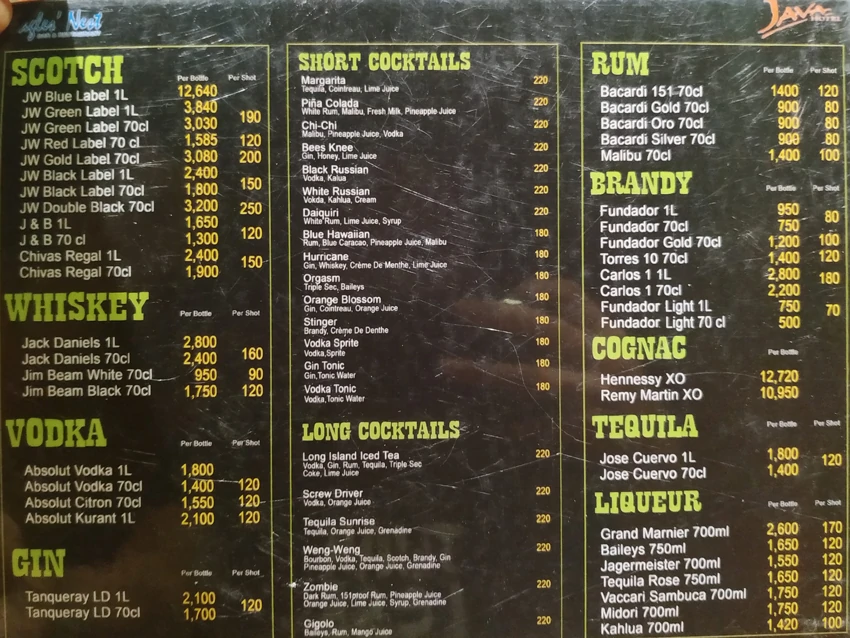 Eagles' nest bar menu with scotch, rum, whiskey, vodka and coktails at Java Hotel in Laoag