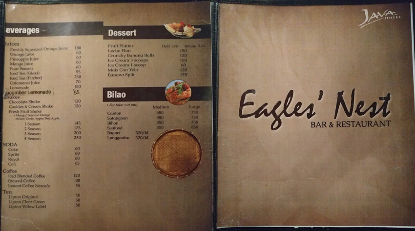Eagles' nest restaurant menu with beverages, desserts and Bilao at Java Hotel in Laoag