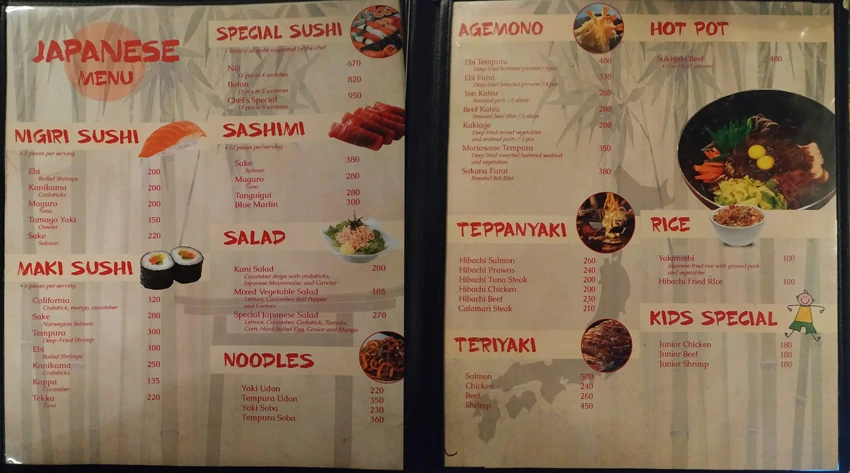 Eagles' nest restaurant, Japanese menu with Sushi, Maki, Sashimi, Teriyaki at Java Hotel in Laoag