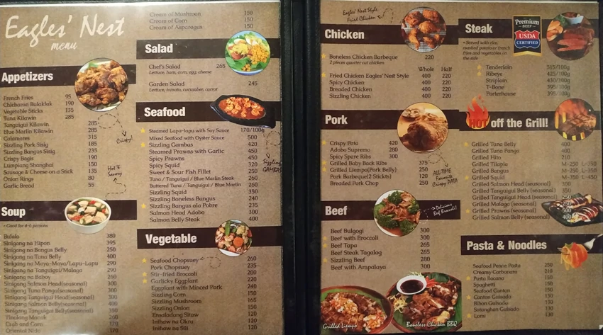Eagles' nest restaurant menu with appetizers, soup, salad, seafood, vegatables, chicken, pork, beef, steak, pasta and noodles at Java Hotel in Laoag