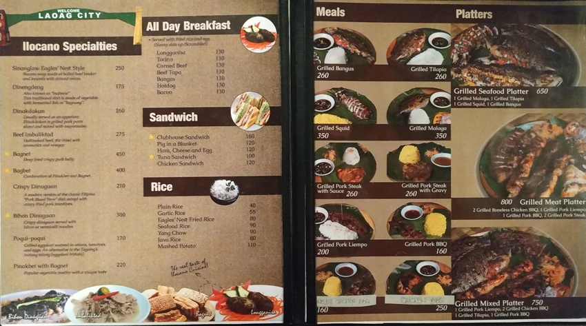Eagles' nest restaurant menu with Ilocano specialities, Sandwiches and platters at Java Hotel in Laoag
